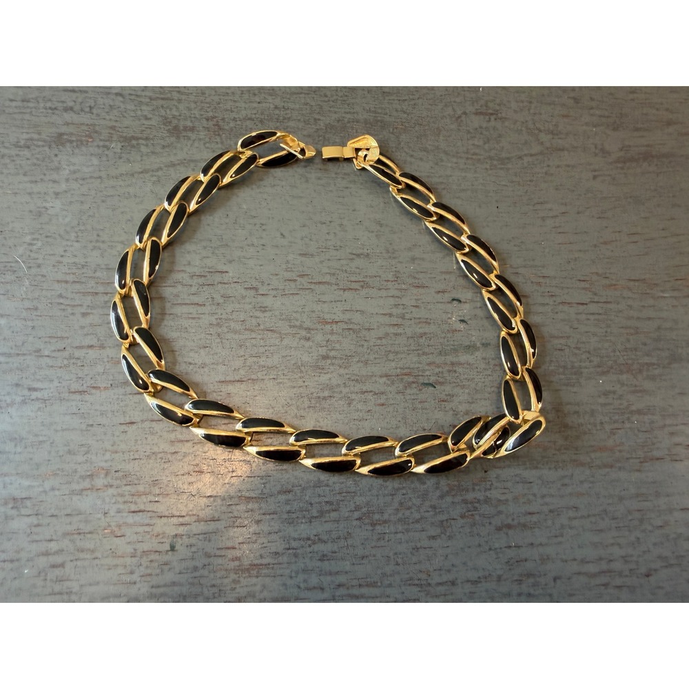 Vintage Gold Tone Black Enamel Link Statement Necklace Textured Curb Chain 18.5"